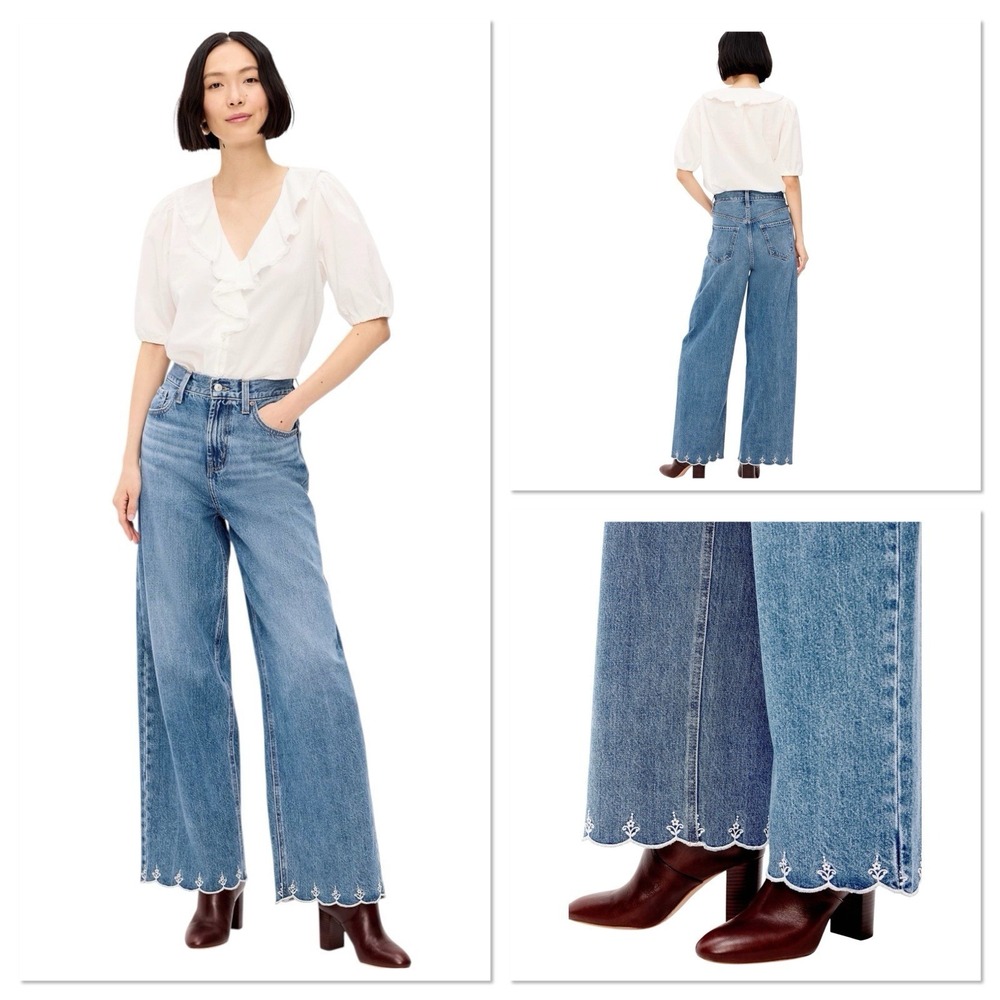 Old Navy Maranta Drapey Denim Baggy Wide Leg Scalloped Embroidered Hem Size 24